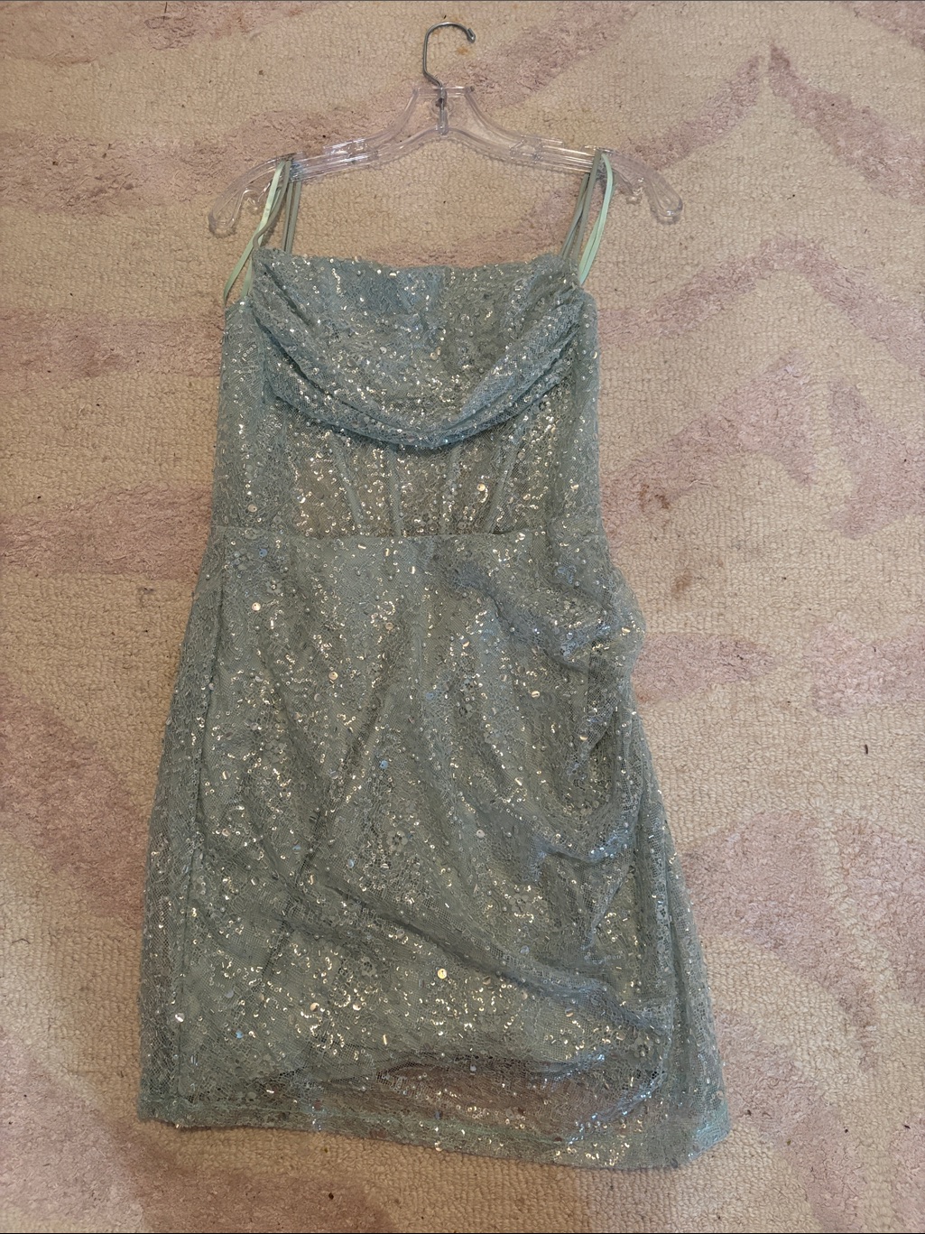 Sequin-Embellished Sage Green Cowl Neck Mini Dress